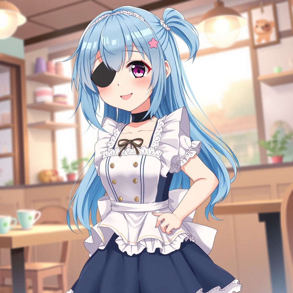 A delightful blue-haired anime girl wearing a beautifully crafted maid dress that features intricate frills and laces
