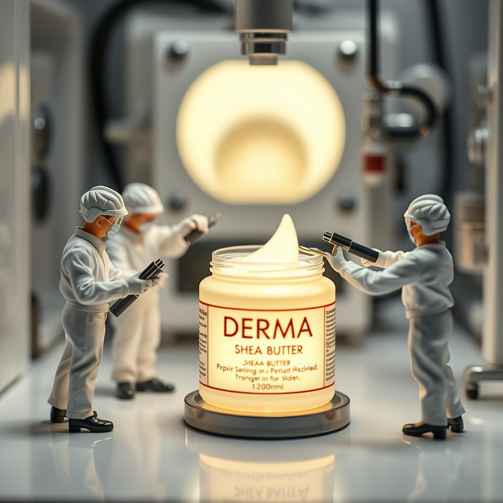 Tiny workers in clean, white uniforms meticulously stand around a glowing DERMA Shea Butter jar, filling and sealing it with precision using small tools and machines