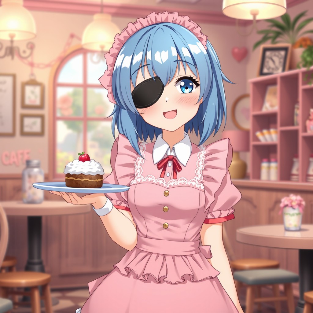 A delightful blue-haired anime girl dressed in a cute pink maid dress that features ruffles and lace detailing, adding a charming touch to her appearance