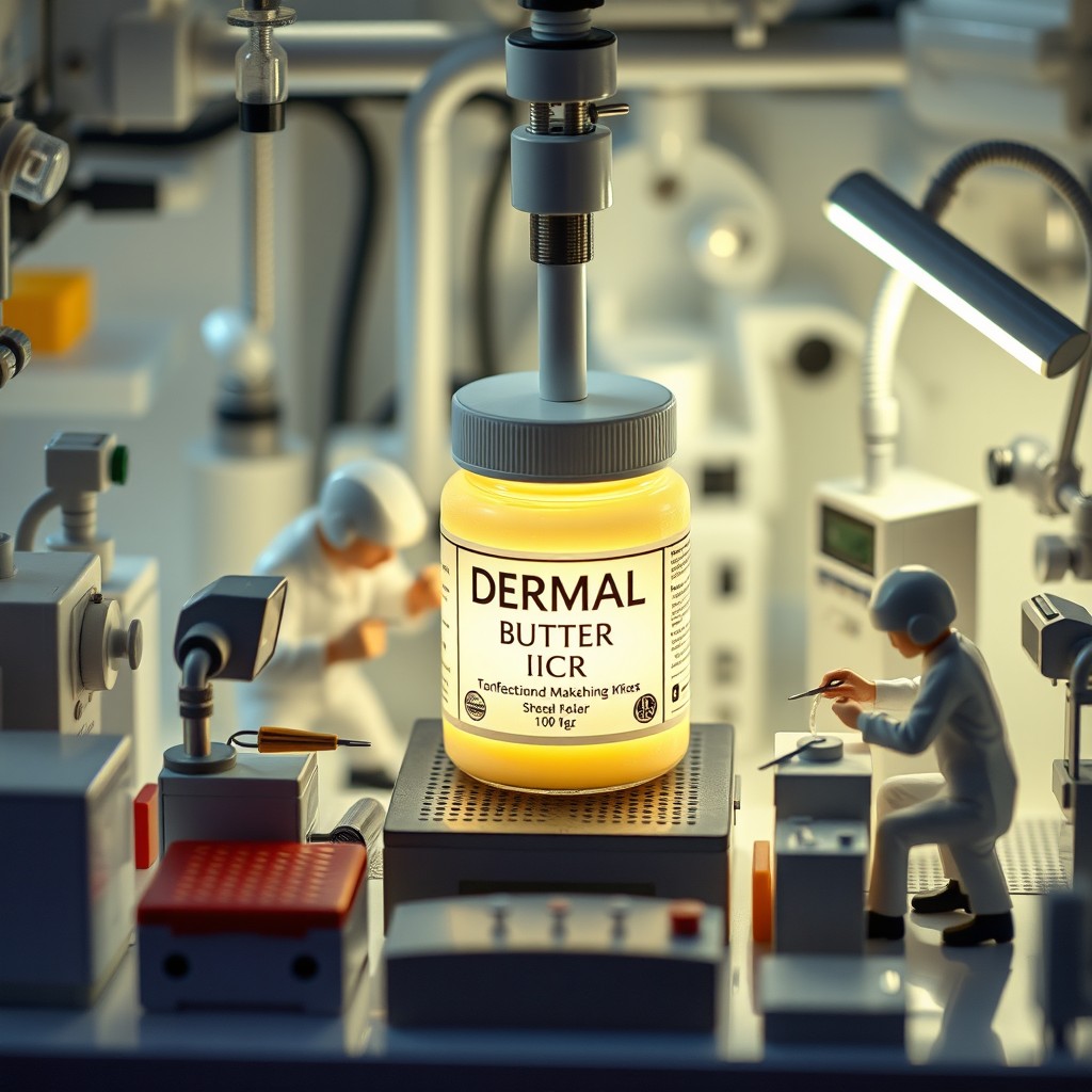 Tiny workers in clean, white uniforms are skillfully operating within a spotless miniature lab, surrounded by high-tech machines and small tools