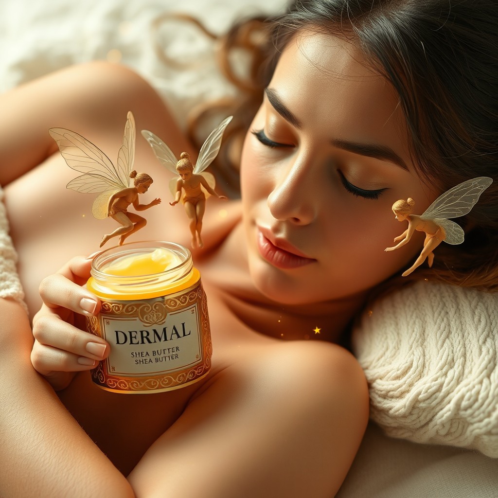 Tiny magical figures, resembling ethereal fairies, gently applying shea butter from an ornate DERMAL jar onto the smooth skin of a beautiful woman lying peacefully