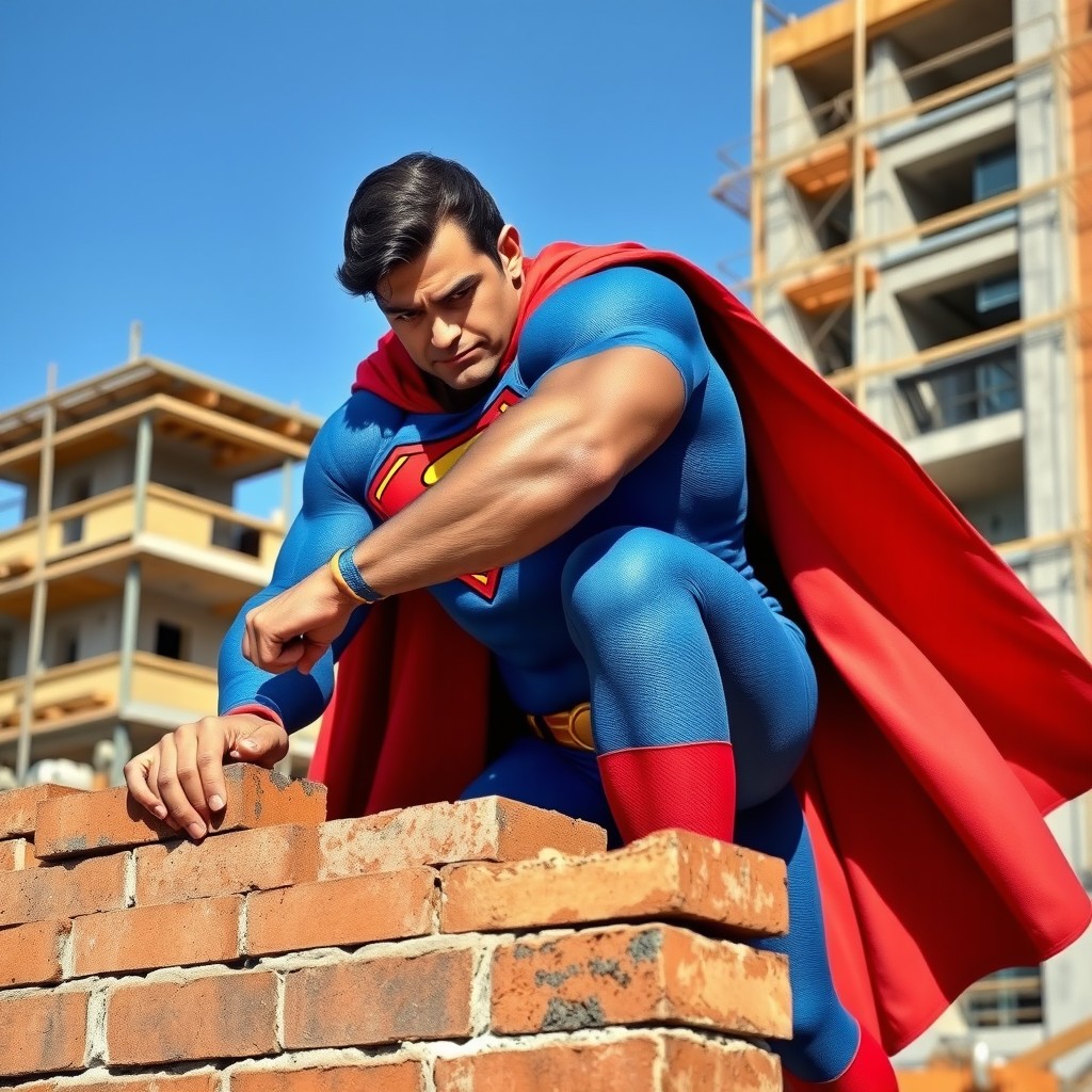A muscular superhero resembling Superman, dressed in a blue and red costume with a flowing cape, is laying bricks on a construction site