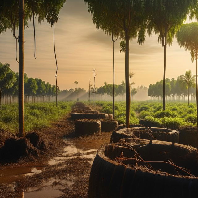 A compelling magazine cover dedicated to rubber production, showing a plantation of rubber trees, harvested rubber, and a factory in the background.