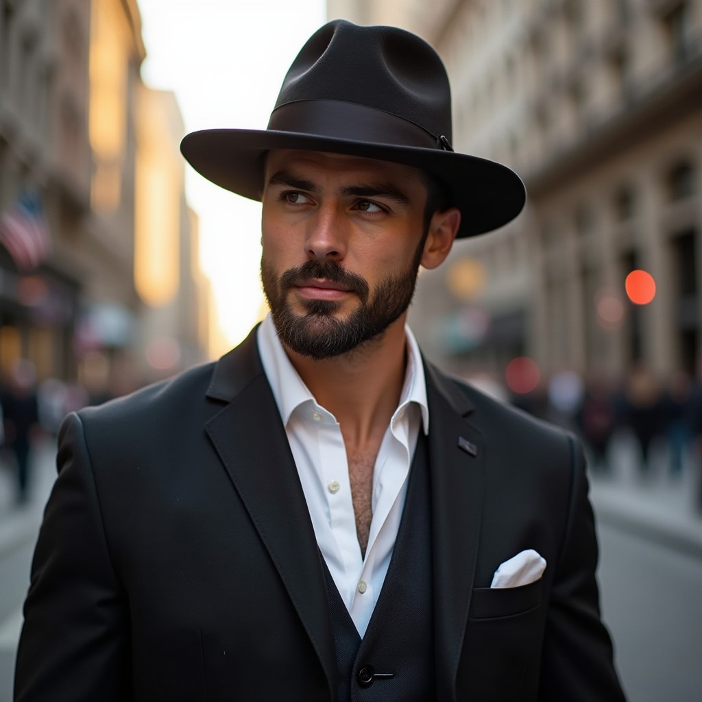A stylish man wearing a classic fedora hat, standing confidently on a city street