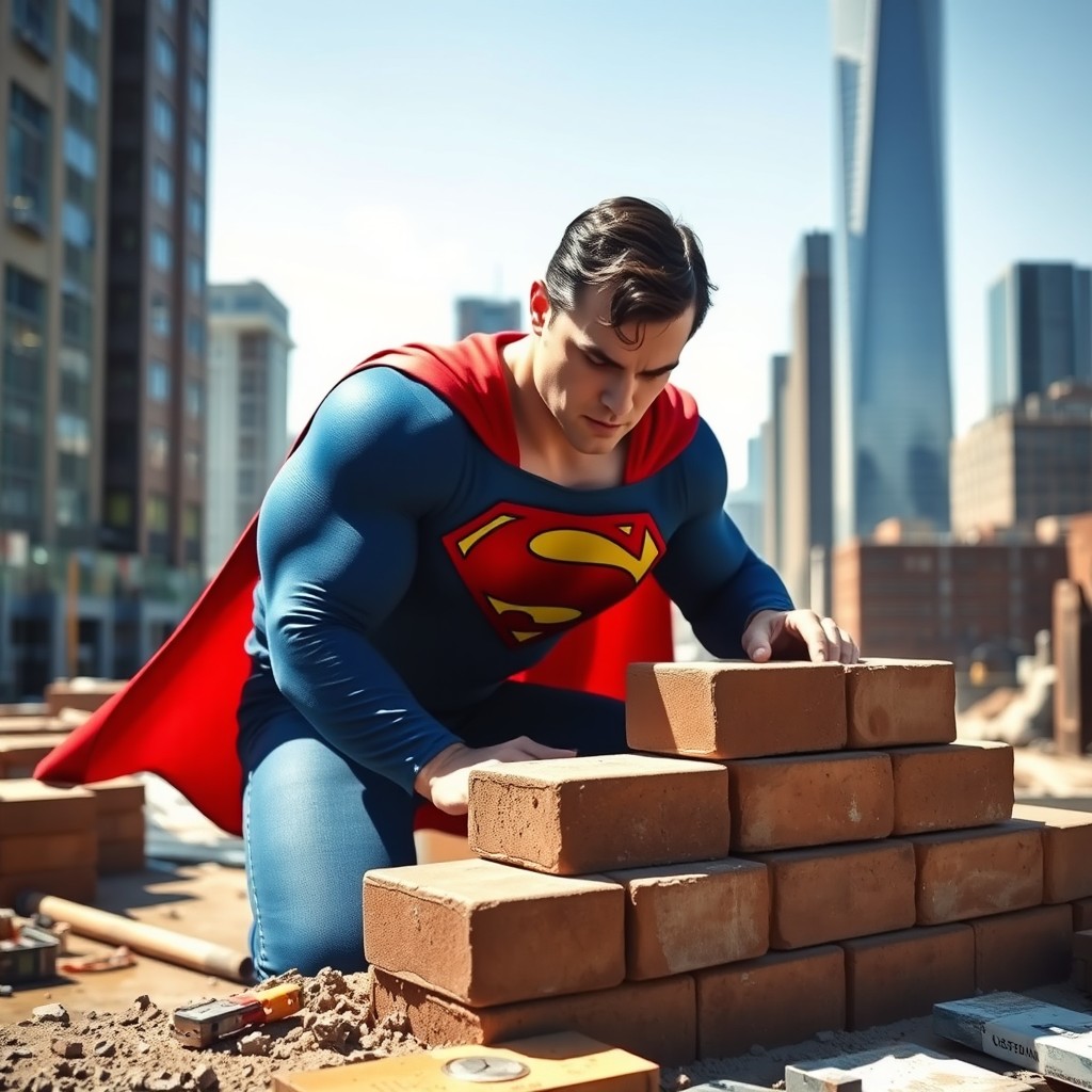 Superman, dressed in his iconic blue and red costume, laying bricks on a construction site, showcasing his strength and determination