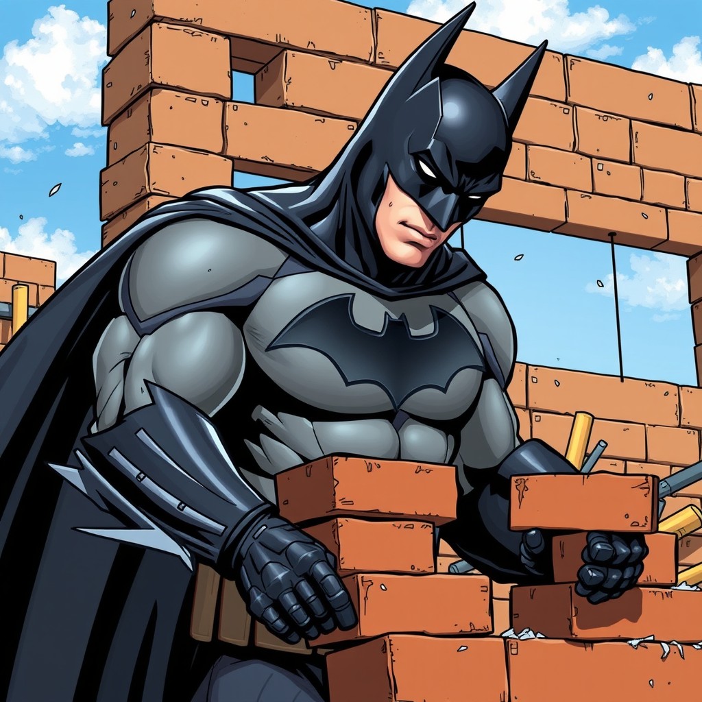 Batman, the iconic superhero, in a construction scene, engaging in an unexpected task of laying bricks