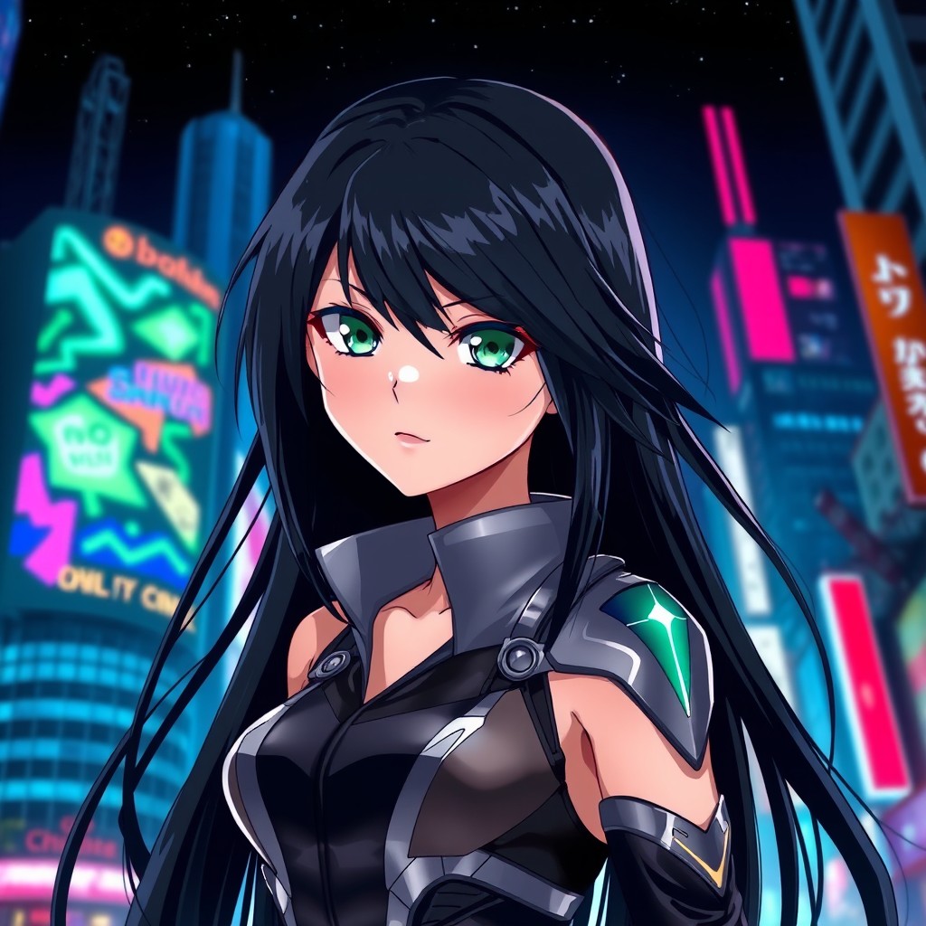 A captivating anime girl with long flowing black hair and emerald green eyes, dressed in a stylish, futuristic outfit featuring sleek metallic accents