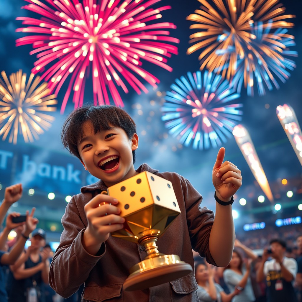 An ecstatic young Japanese player holding a trophy after winning a huge Yahtzee tournament, surrounded by colorful fireworks exploding in the night sky