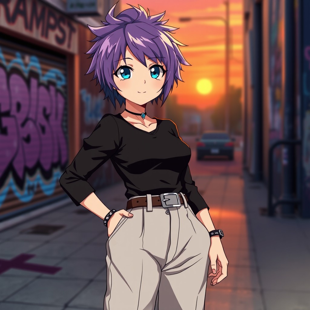 A stylish anime girl with short, spiky purple hair and bright blue eyes, wearing a trendy outfit consisting of a fitted black shirt and high-waisted trousers