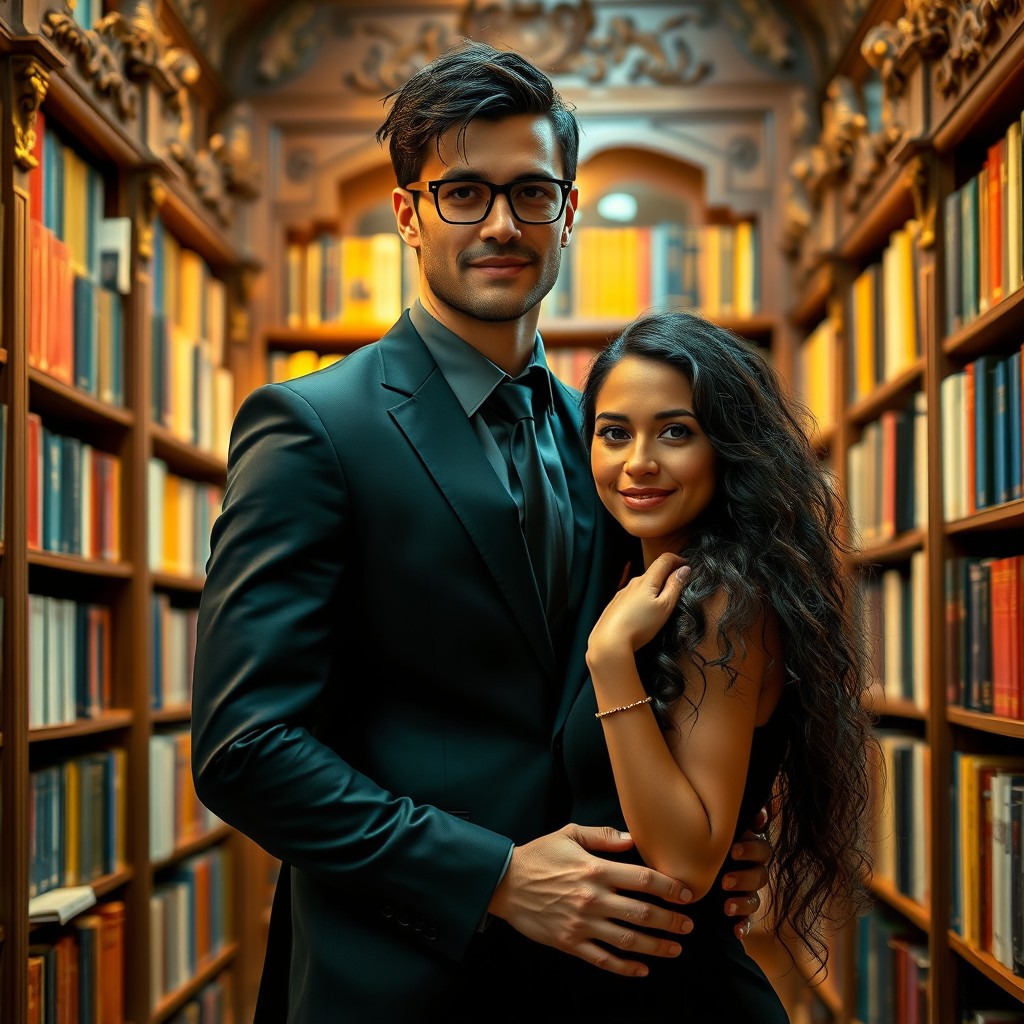 A tall muscular young professor dressed in a sleek Armani black suit, wearing stylish glasses and with tousled hair, positioned intimately with a woman who has long, little curly black hair