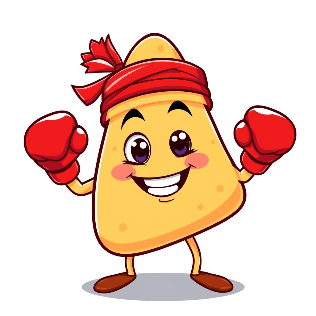 A playful samusa (samosa) character shaped like a triangle, proudly wearing vibrant red boxing gloves and a sport headband, striking a confident boxing pose