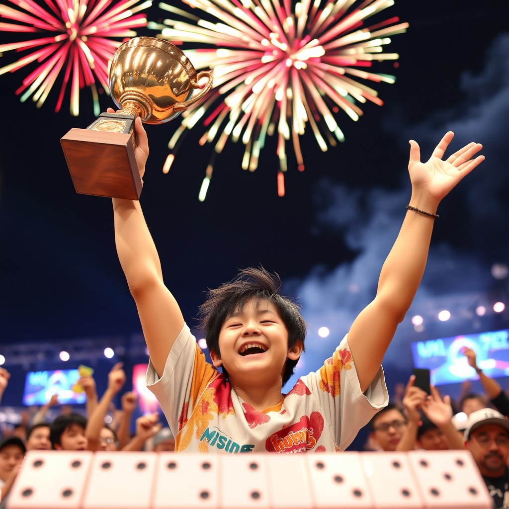 A victorious 30-year-old Japanese player holding a shiny trophy high above their head, celebrating after winning a huge Yahtzee tournament