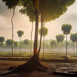 A compelling magazine cover dedicated to rubber production, showing a plantation of rubber trees, harvested rubber, and a factory in the background.