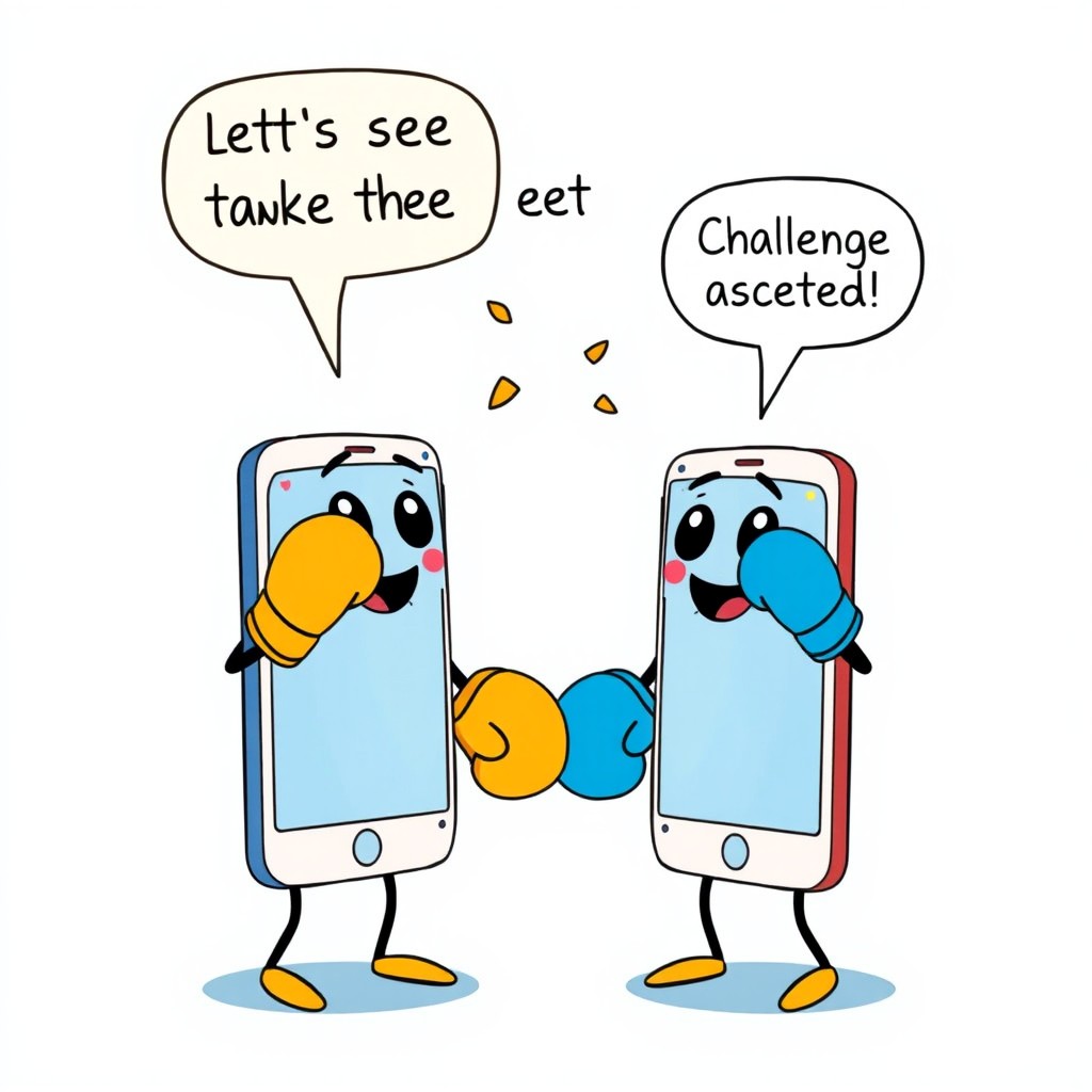 A whimsical illustration of two mobile phones standing face to face, both wearing bright and colorful boxing gloves, as if they are about to engage in a friendly match