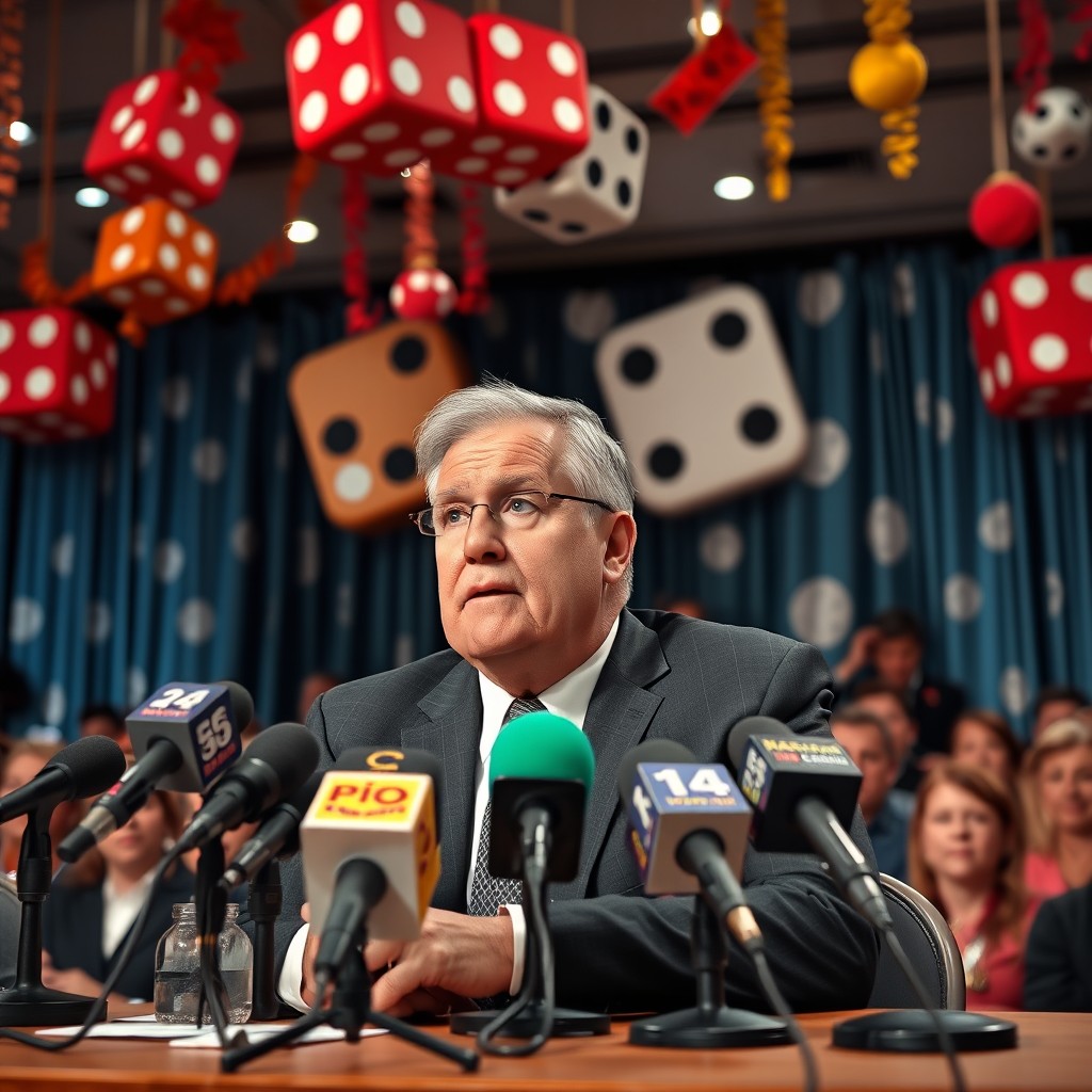 Fred Adams, a middle-aged man with a thoughtful expression, is seated at a press conference table, surrounded by microphones and cameras