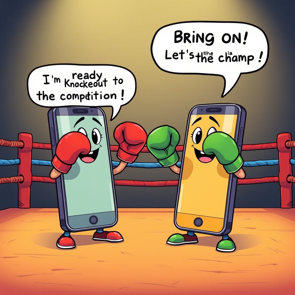A lively scene depicting two mobile phones on a boxing court, each wearing colorful boxing gloves and standing in a ready stance as if preparing for a challenge