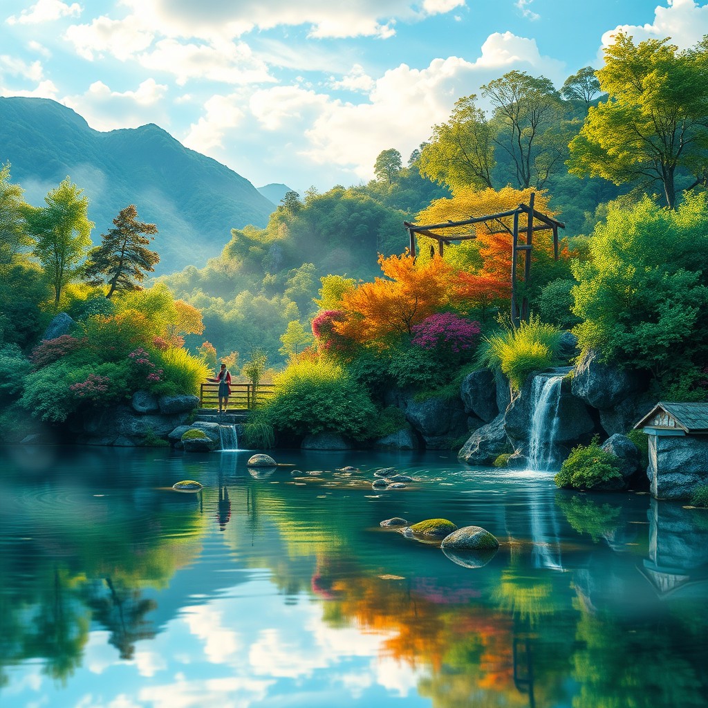 An image featuring a beautiful landscape inspired by elements from the second picture and the distinct background of the third picture while maintaining the overall style and outline seen in the third picture