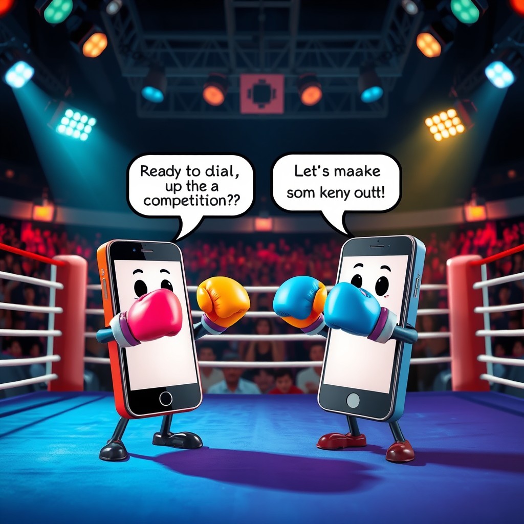 A vibrant scene set on a boxing night featuring two mobile phones standing in a ring, each adorned with colorful boxing gloves and engaging in a friendly showdown