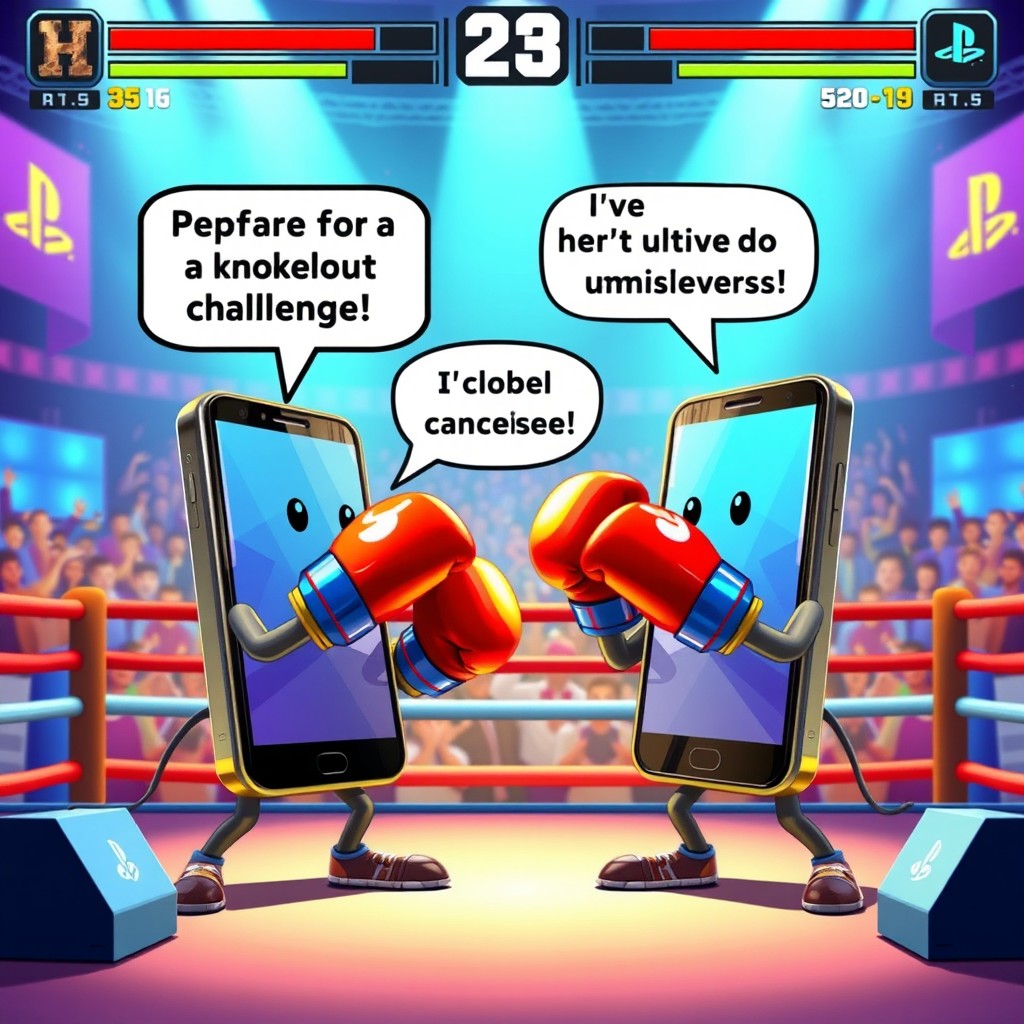 An animated scene inspired by a PlayStation game, showcasing two mobile phones in a vibrant, digital boxing arena