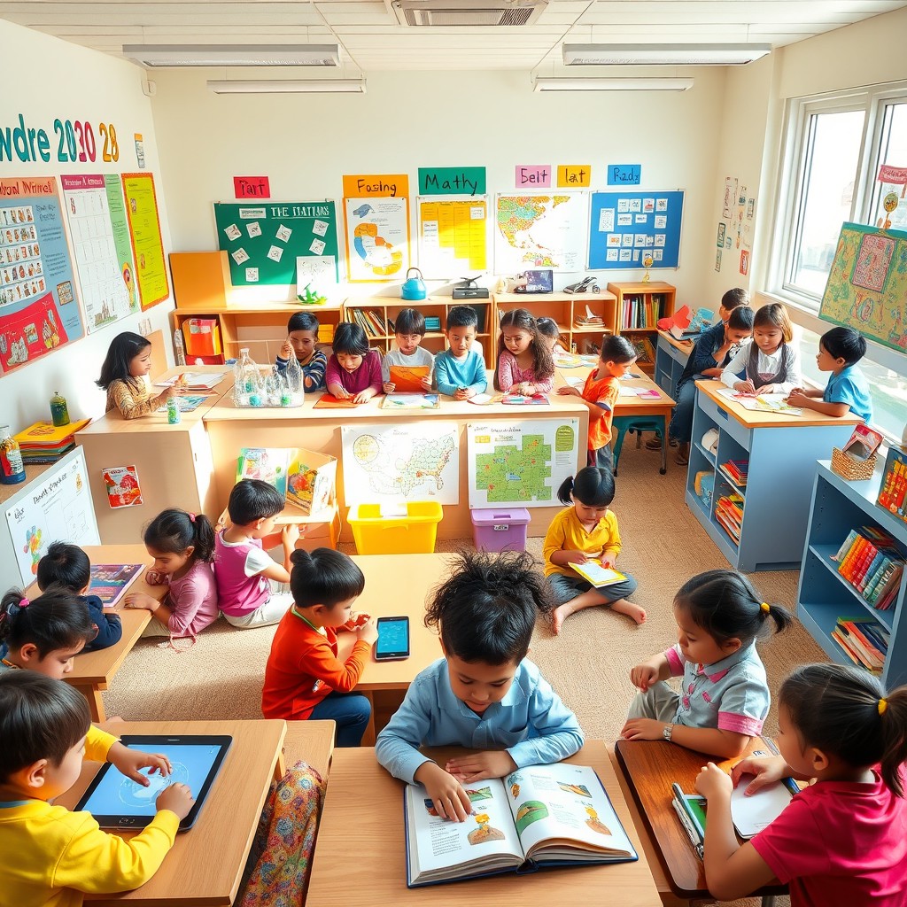 A colorful and engaging classroom setting featuring children of diverse backgrounds engaging with various educational subjects over the last decade
