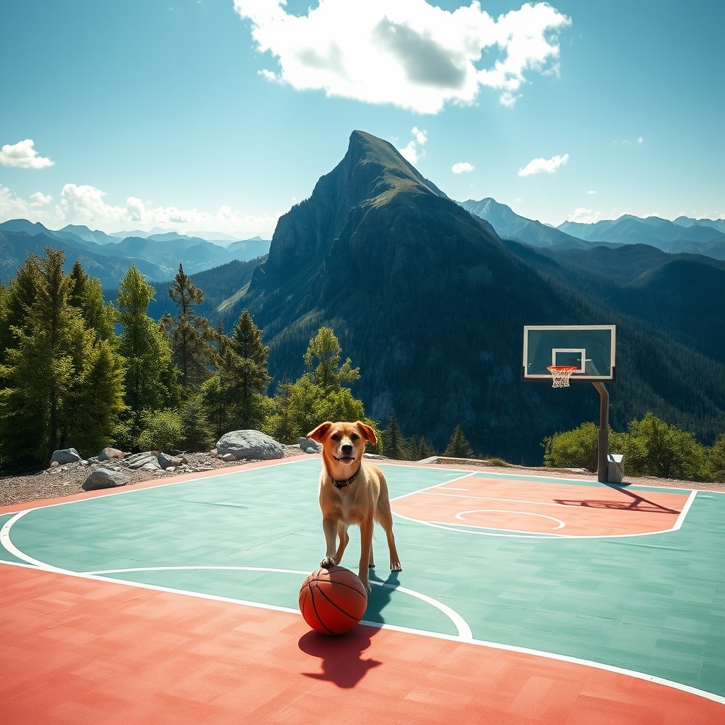 A playful dog standing on a vibrant basketball court situated on the side of a majestic mountain