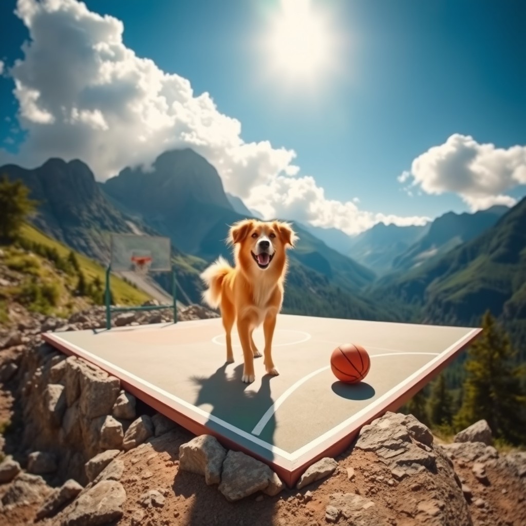 A playful dog standing on a basketball court, which is uniquely positioned on the side of a majestic mountain
