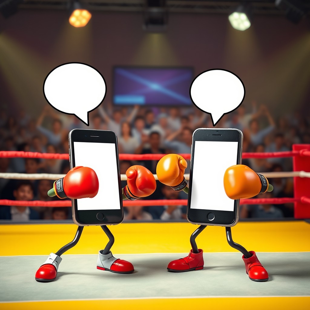 A playful scene featuring two mobile phones in a boxing ring, both wearing vibrant boxing gloves and striking dynamic poses