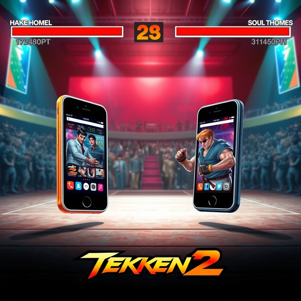 An exciting scene inspired by Tekken 2, featuring two mobile phones positioned face-to-face in an epic showdown reminiscent of a fighting game