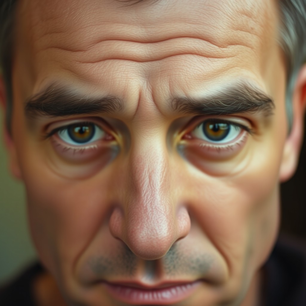 A close-up portrait of a tired man with lazy eyes, looking directly at the camera