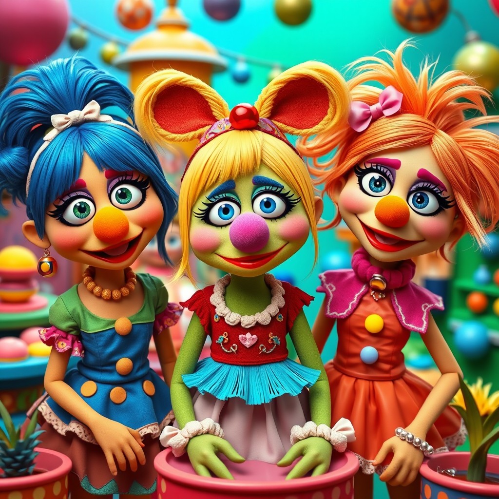 A vibrant scene featuring three whimsical girls resembling characters from the Muppet Show