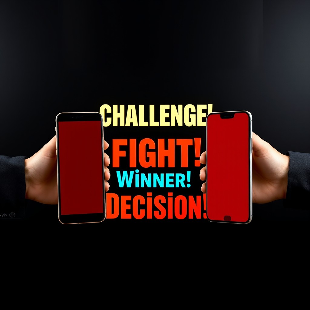 A striking image featuring two mobile phones facing each other in a competitive stance, set against a sleek black background