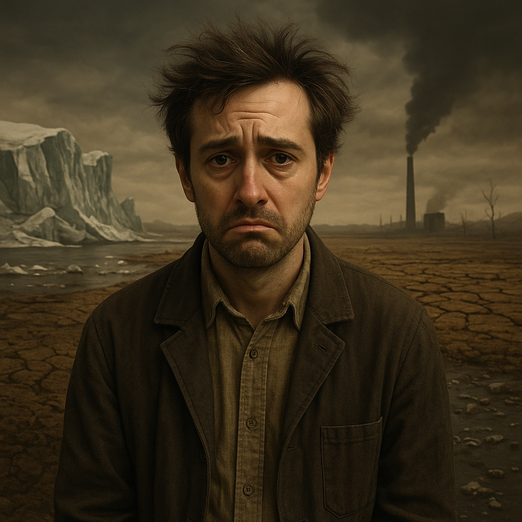Questo protagonista, con volto triste, in sottofondo scenario problemi cambiamenti climatici