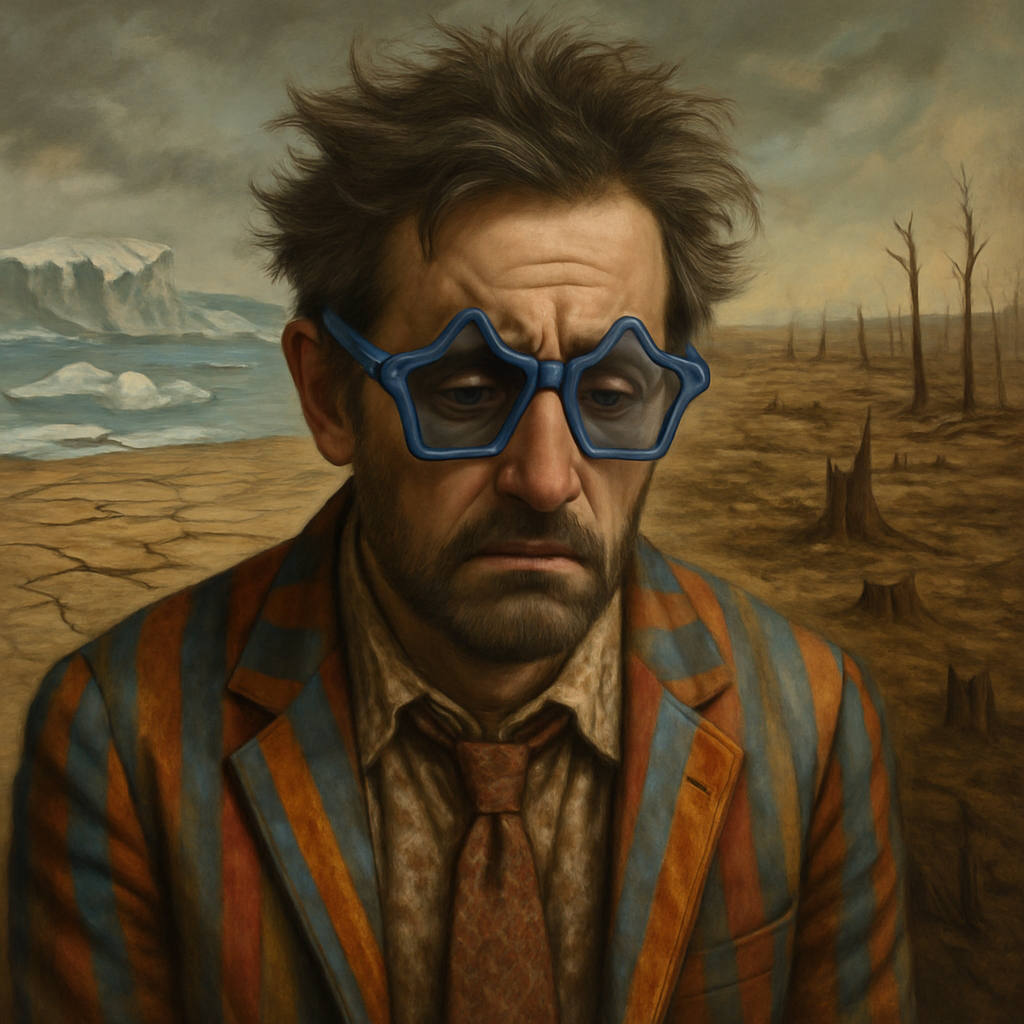 Questo protagonista, con volto triste, in sottofondo scenario problemi cambiamenti climatici. Stile reale