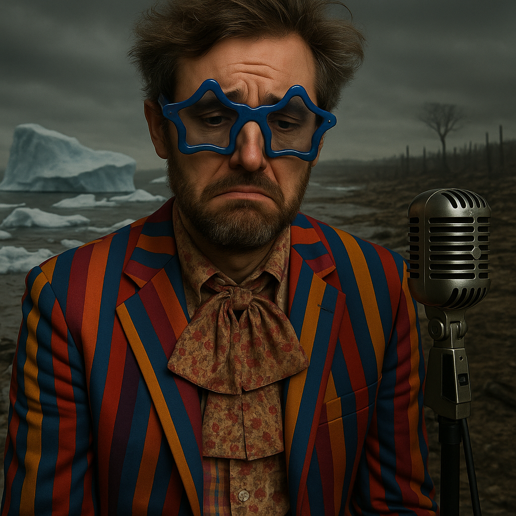 Foto realistica. Con questo protagonista, con volto triste, in sottofondo scenario problemi cambiamenti climatici