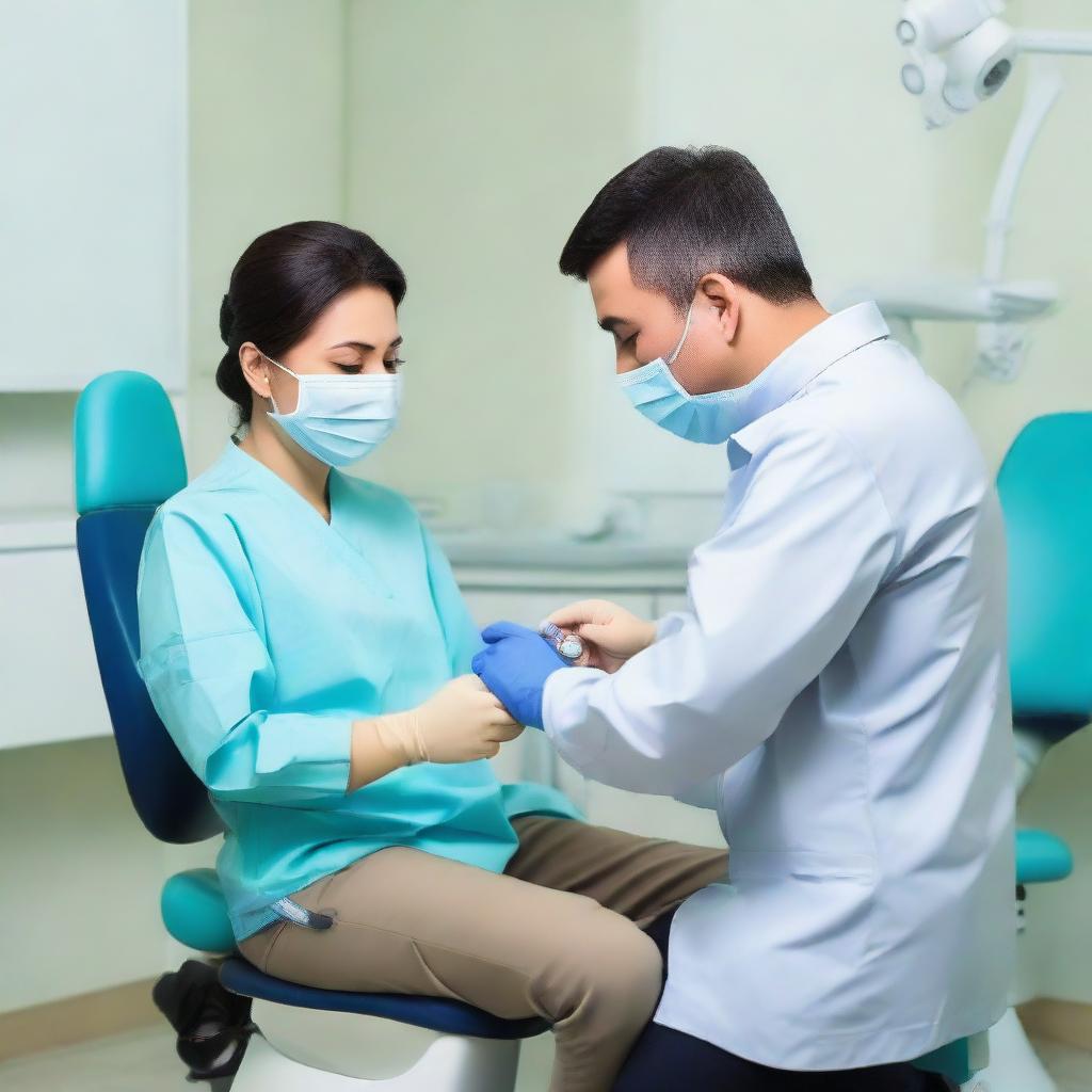 A professional Uzbek dentist in a well-equipped modern dental office, busy at work.