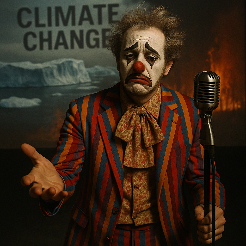 Stile foto realistica. Questo protagonista, con volto triste, in sottofondo scenario problemi cambiamenti climatici