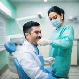 A professional Uzbek dentist in a well-equipped modern dental office, busy at work.