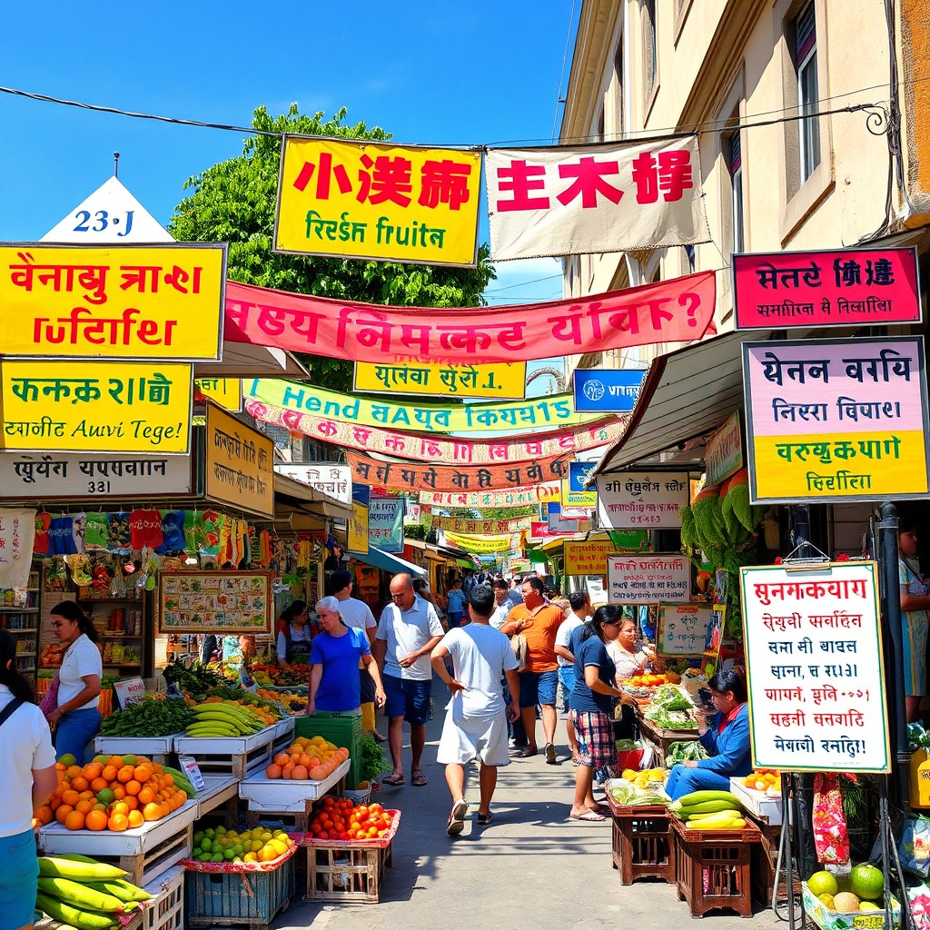 A colorful and vibrant street scene depicting a bustling market filled with various stalls selling fruits, vegetables, and local crafts