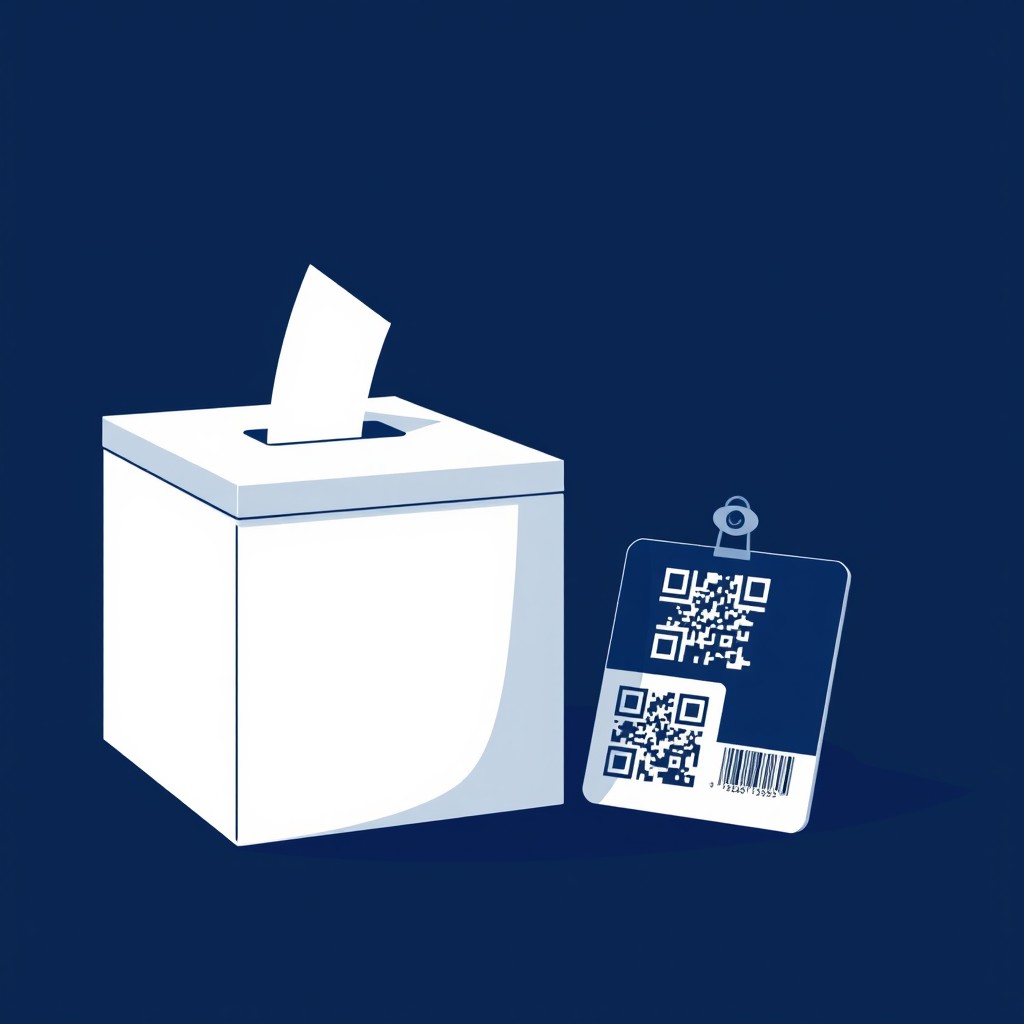 An artistic illustration featuring a ballot box prominently displayed, with a focus on its size and details, complemented by an ID card that includes a QR barcode