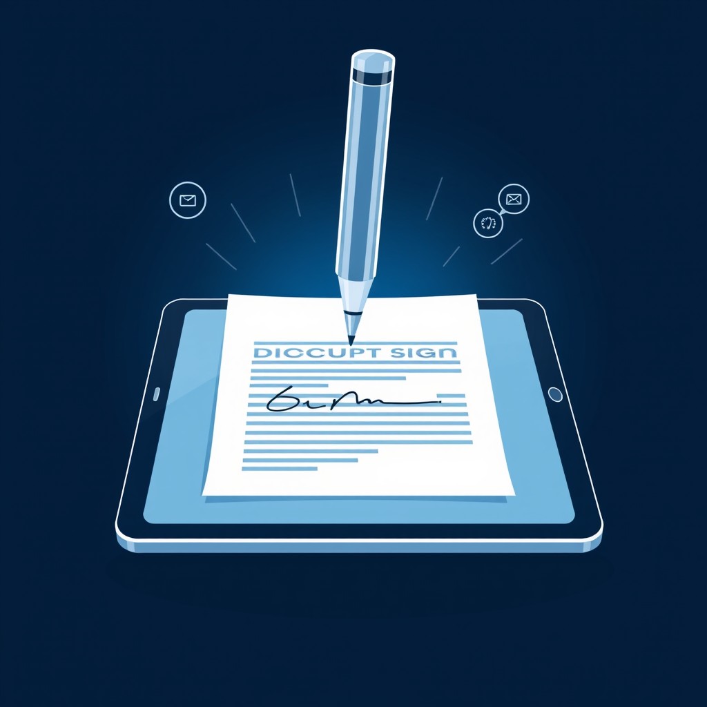 An illustration depicting the theme of digital document signing, featuring a sleek digital tablet showing a document with a stylus poised above it, ready to sign