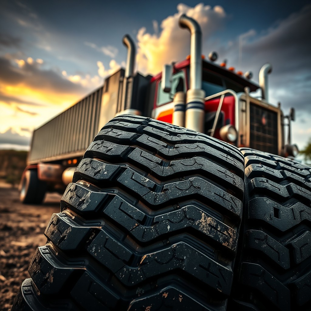 A dynamic and visually striking composite photo featuring heavy-duty truck tires prominently in the foreground, displaying intricate tread patterns and rugged texture