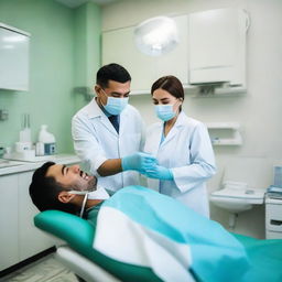 A professional Uzbek dentist in a well-equipped modern dental office, busy at work.