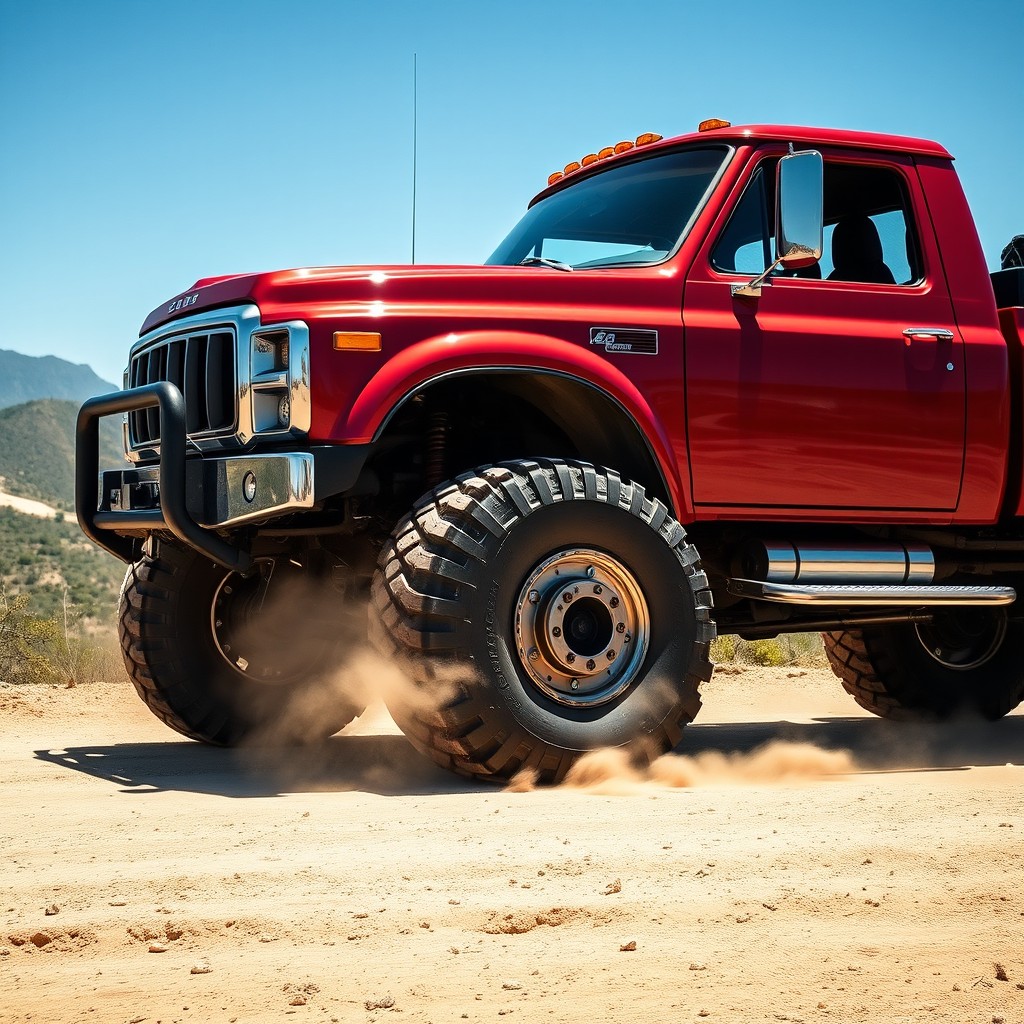 A rugged and powerful truck parked on a dirt road, with a focus on its large, sturdy tires