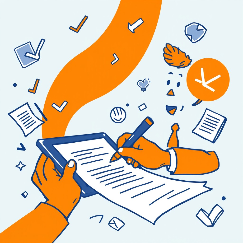 A whimsical doodle illustration representing the concept of digital document signing