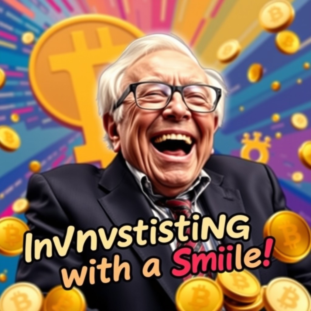 A vibrant and eye-catching YouTube thumbnail featuring Warren Buffett, the legendary investor, laughing heartily