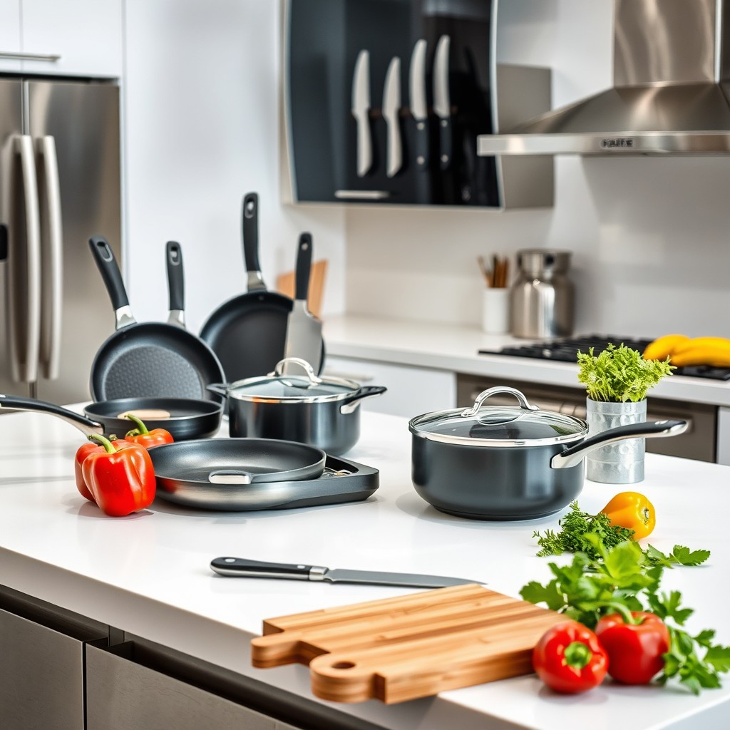 An array of modern kitchen products artfully displayed on a sleek countertop