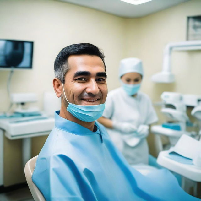 A professional Uzbek dentist in a well-equipped modern dental office, busy at work.