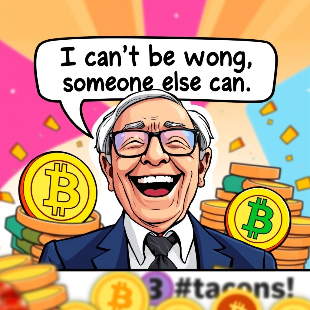 A humorous and engaging YouTube thumbnail featuring Warren Buffett laughing heartily, framed in a cartoonish style