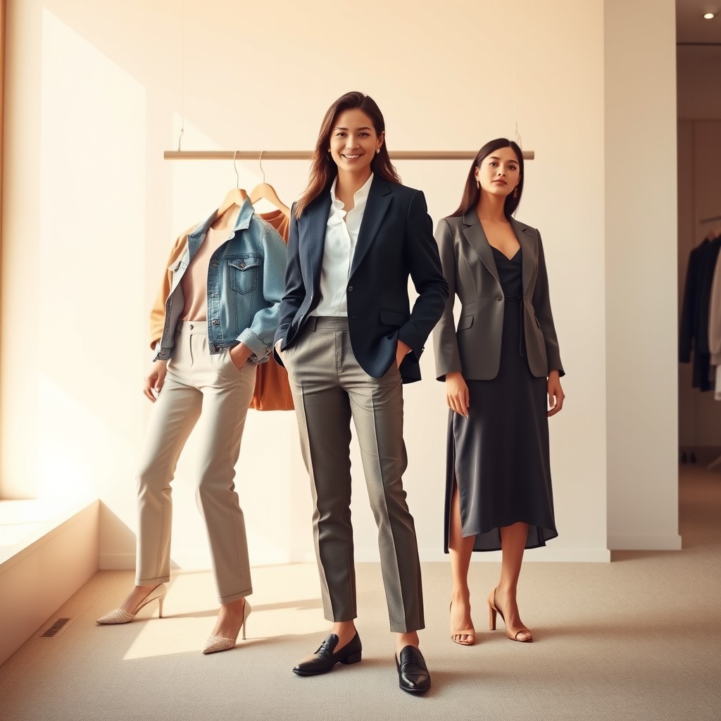 A stylish clothing overlay featuring a variety of outfits on a person, showcasing multiple clothing styles