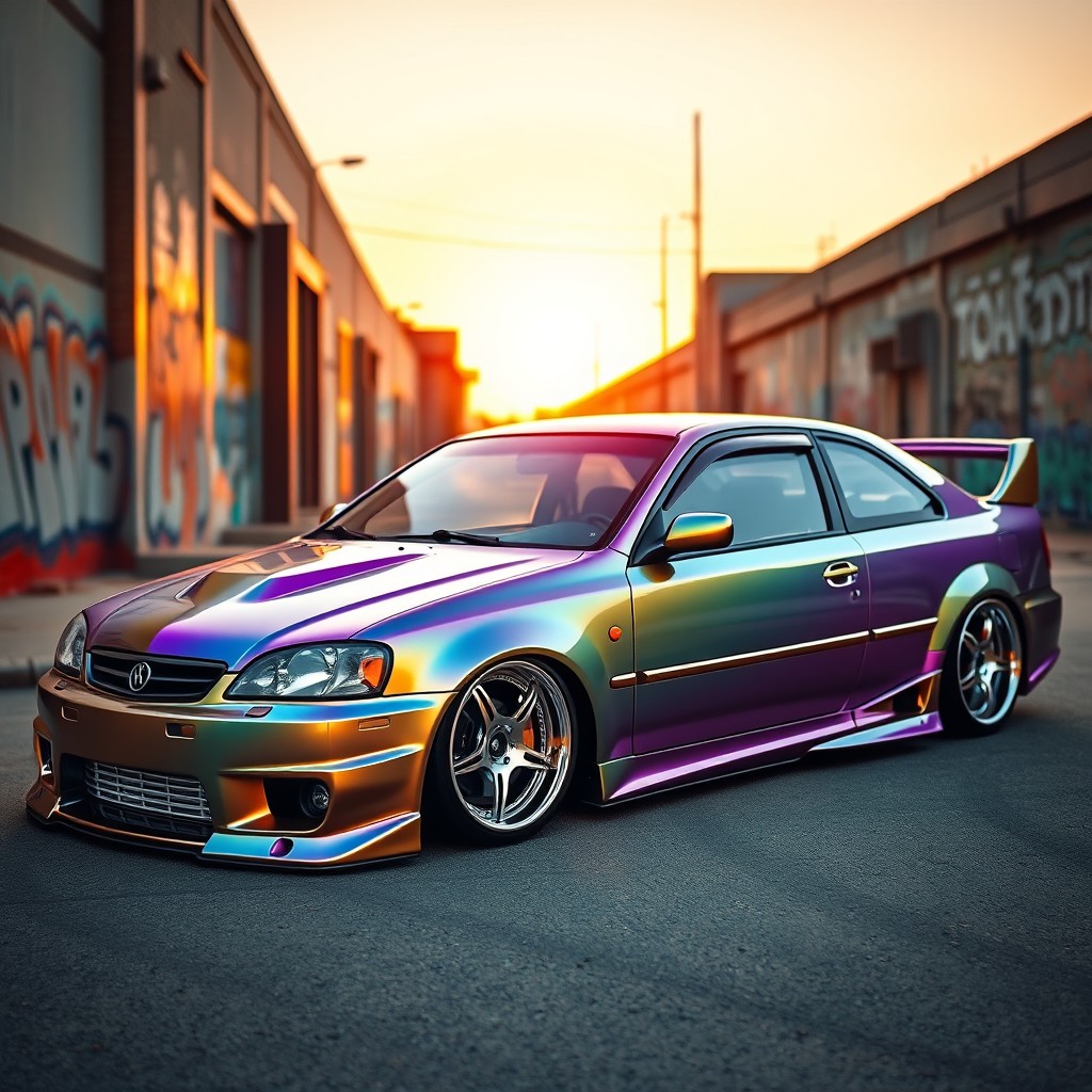 A low-riding car, also known as a 'carro rebaixado', customized with an aggressive stance and sleek design